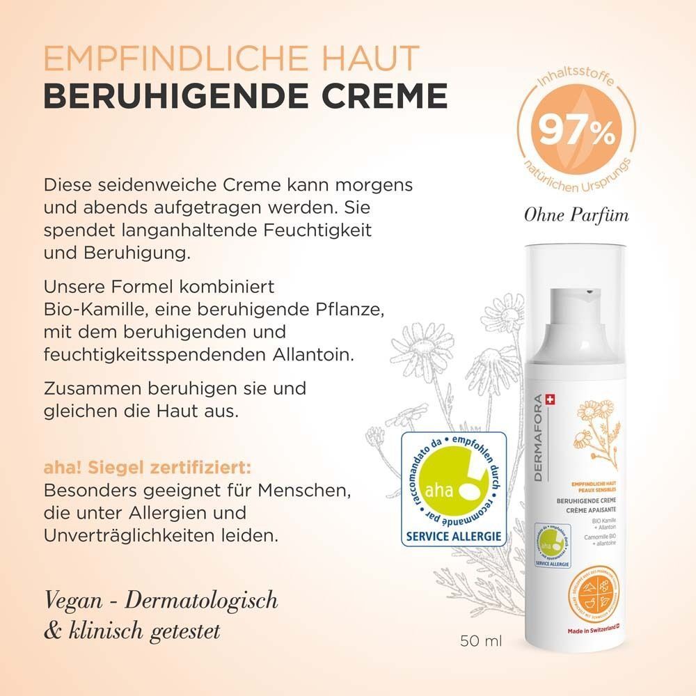 Flasche mit DERMAFORA-Logo. Text: Empfindliche Haut, Beruhigende Creme. 97% natürlichen Ursprungs. Ohne Parfum.