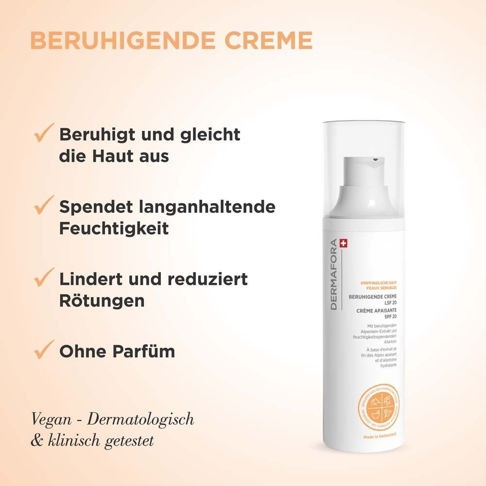 Flasche mit DERMAFORA-Logo. Text: Beruhigende Creme. Beruhigt, spendet Feuchtigkeit, reduziert Rötungen. Ohne Parfum.