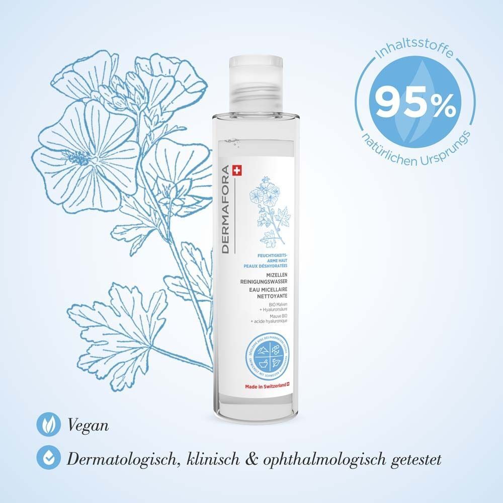 Eine Flasche Mizellen Reinigungswasser mit floraler Illustration. Produktname und Schweizer Kreuz auf weißem Etikett. Vegan und dermatologisch getestet.