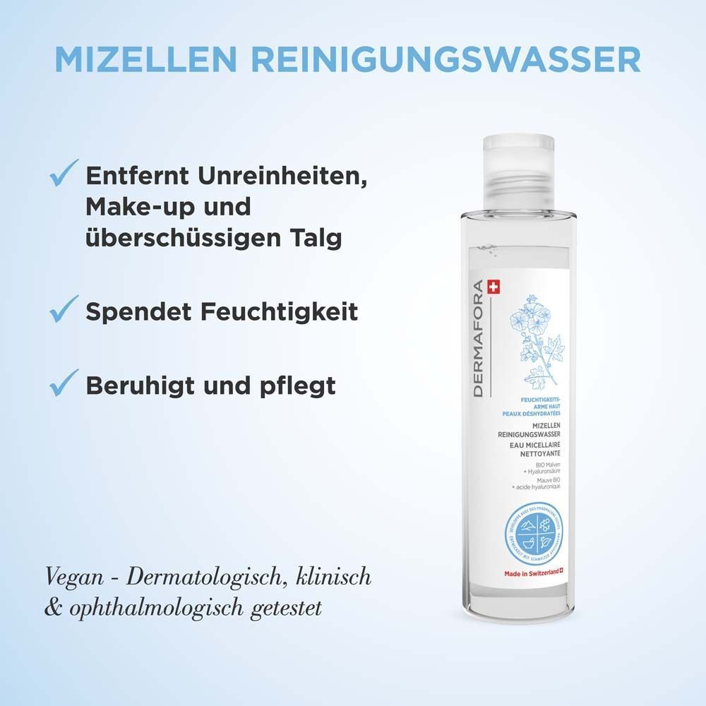 Mizellen Reinigungswasser Flasche. Produktname und Eigenschaften: Entfernt Unreinheiten, spendet Feuchtigkeit, beruhigt. Vegan und dermatologisch getestet.