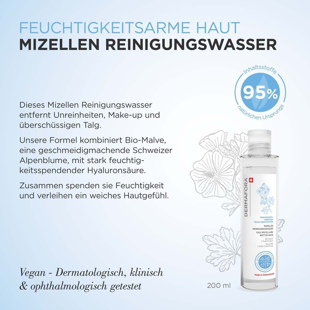 Mizellen Reinigungswasser Flasche mit Text. Eigenschaften: entfernt Unreinheiten, spendet Feuchtigkeit. 200 ml. Vegan und dermatologisch getestet.