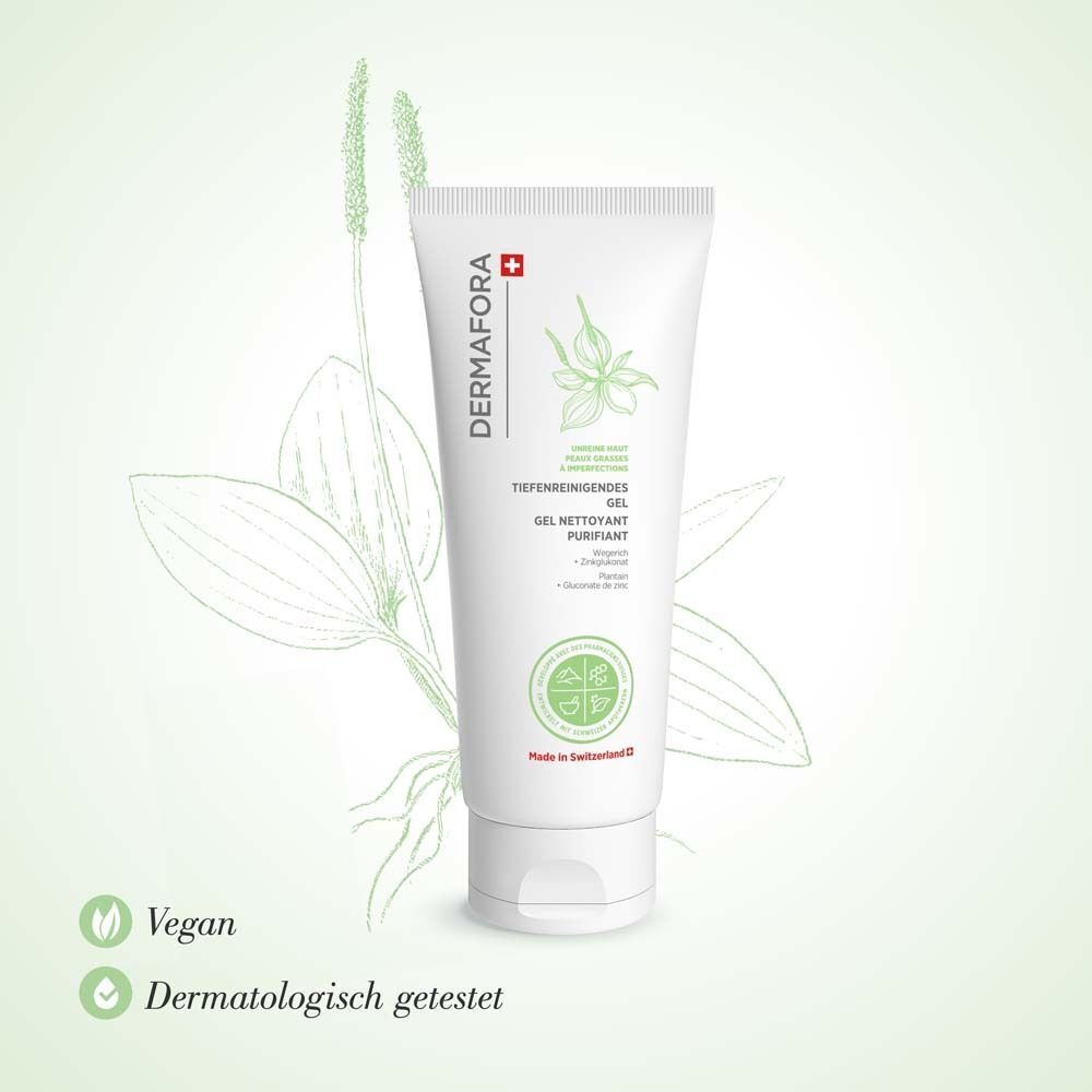 Weiße Tube mit grünem Logo und Schriftzug. Schweizer Kreuz. Vegan und dermatologisch getestet. Made in Switzerland.
