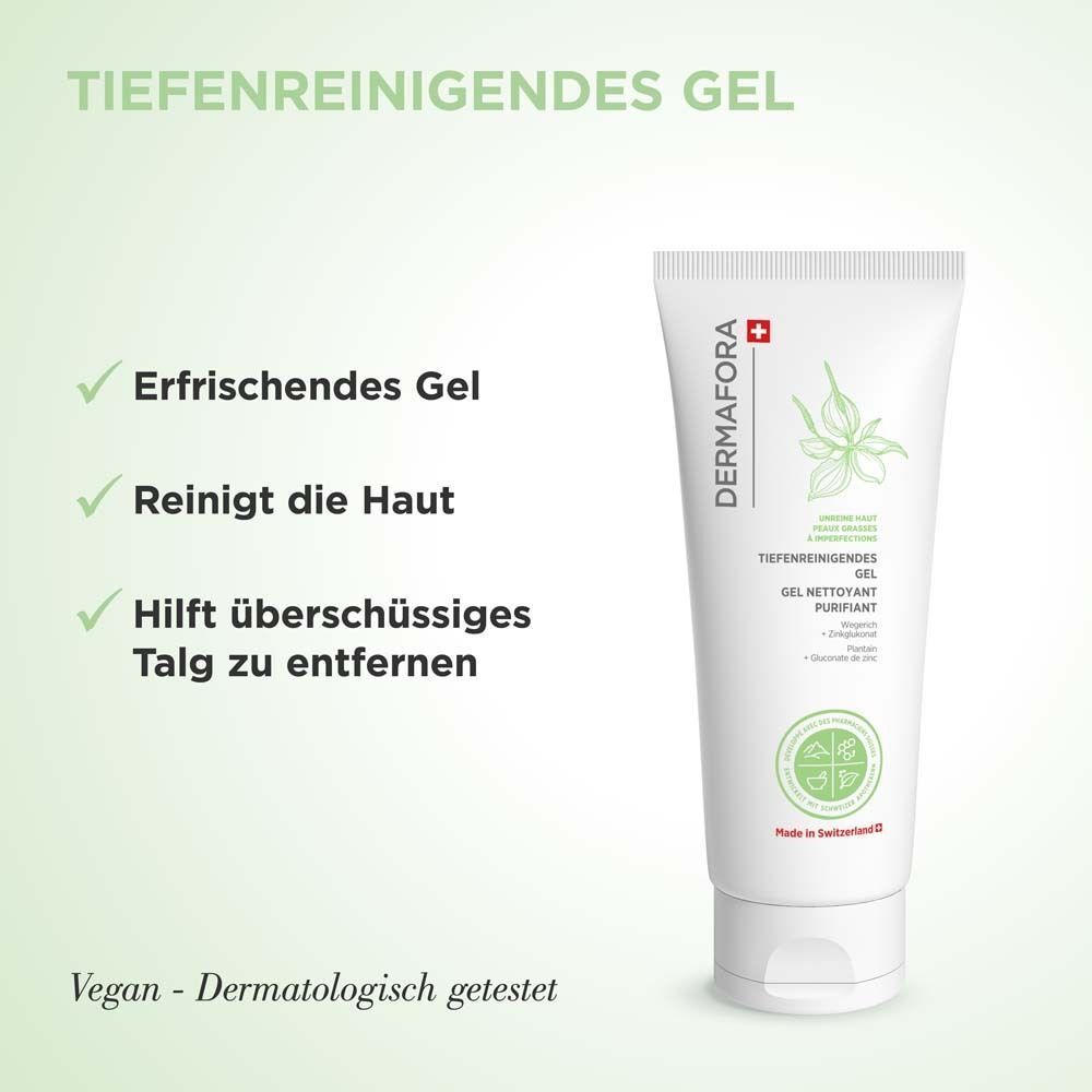 Weiße Tube mit grünem Logo und Schriftzug. Schweizer Kreuz. Erfrischendes Gel. Reinigt die Haut. Vegan und dermatologisch getestet.