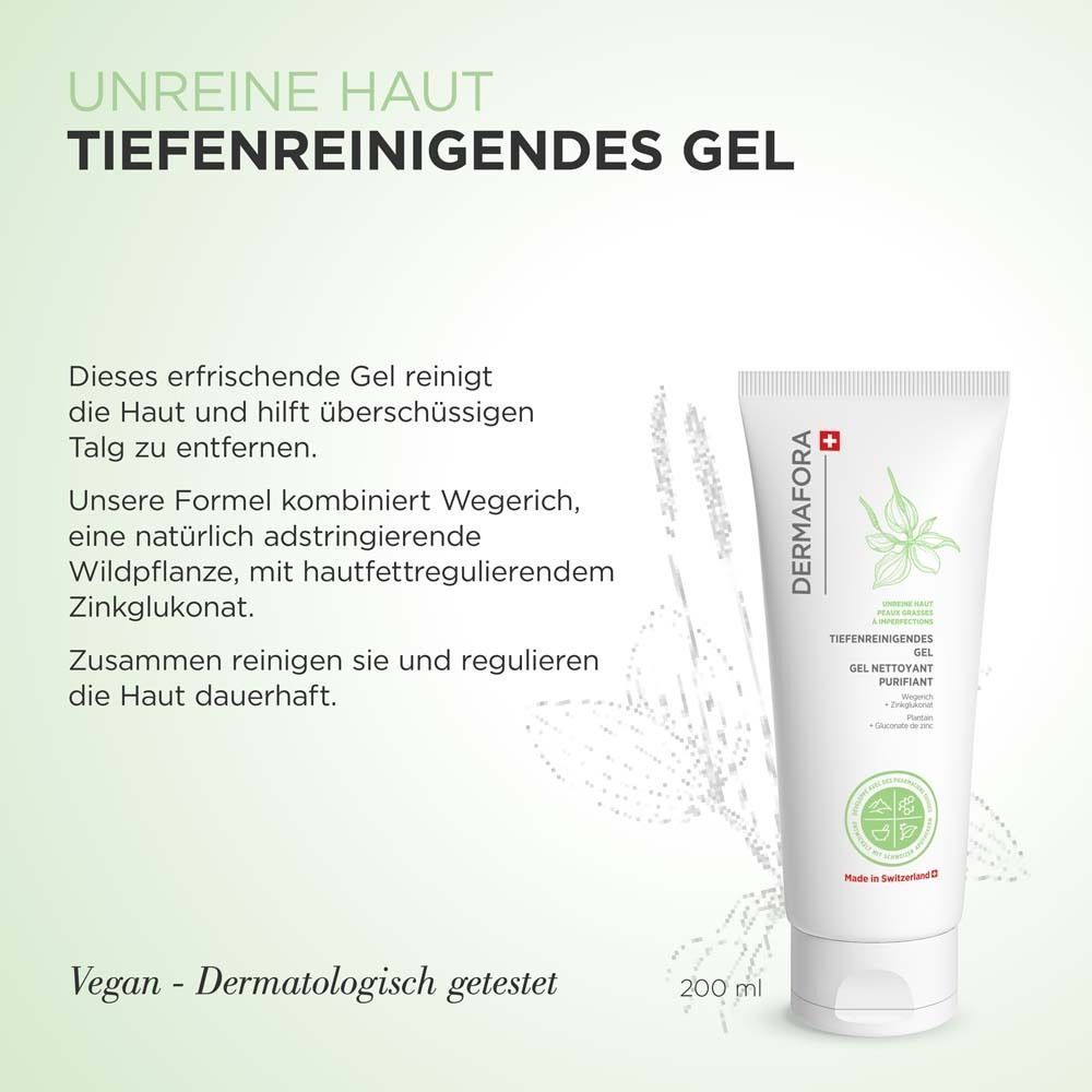 Tiefenreinigendes Gel in Tube. Weiße Tube mit grünem Logo und Text. Text beschreibt die Inhaltsstoffe und Wirkung.