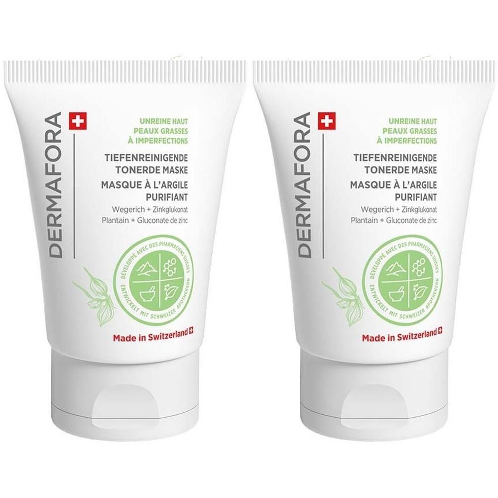 Zwei Tuben mit weißem Hintergrund. Aufschrift: DERMAFORA, Tiefenreinigende Tonerde Maske. Schweizer Kreuz.