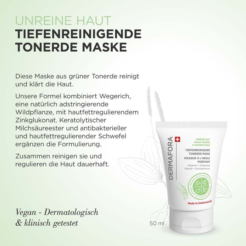 Text mit Produktinformationen und eine Tube DERMAFORA Tiefenreinigende Tonerde Maske. 50 ml. Vegan und dermatologisch getestet.