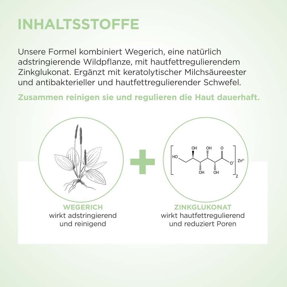 Grafik mit Inhaltsstoffen: Wegrich und Zinkglukonat. Text beschreibt die Inhaltsstoffe und ihre Wirkung.