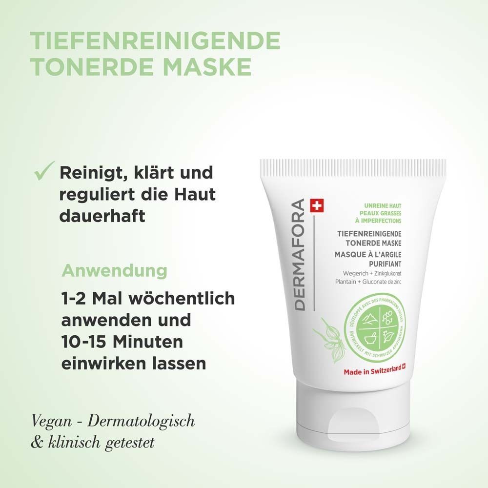 Text mit Produktinformationen und eine Tube DERMAFORA Tiefenreinigende Tonerde Maske. Vegan und dermatologisch getestet.
