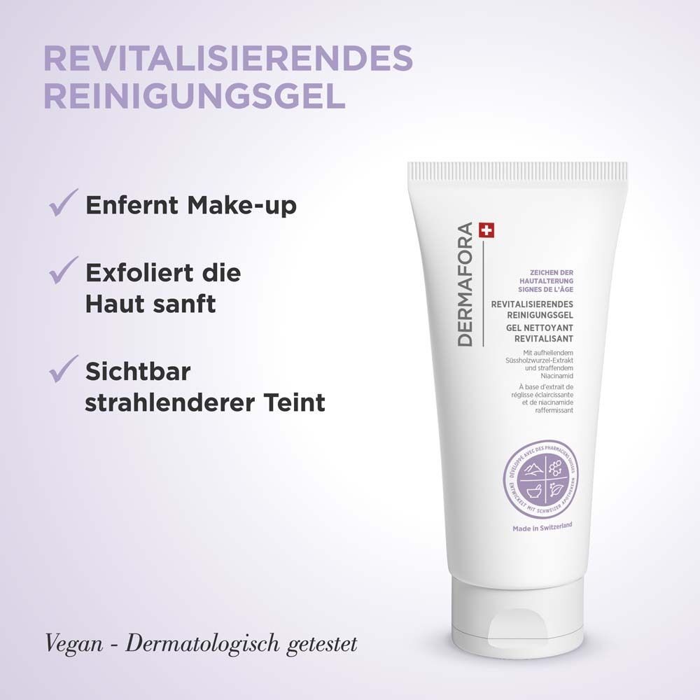 DERMFORA Revitalisierendes Reinigungsgel Tube mit Liste der Vorteile und Siegeln.