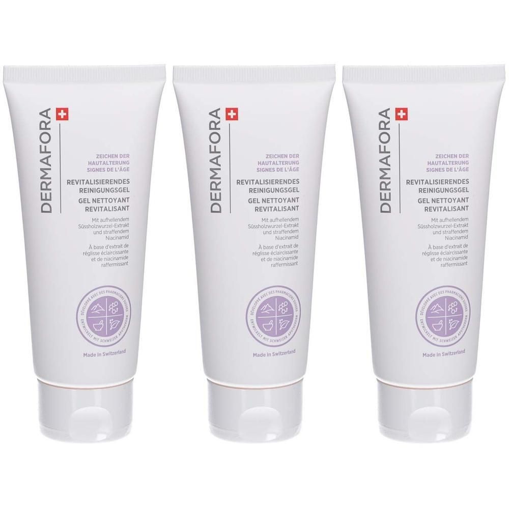 Drei Tuben Reinigungsgel. Weiß, mit lila Akzenten und Produktinformationen. Marke: DERMFORA. Schweizer Kreuz.