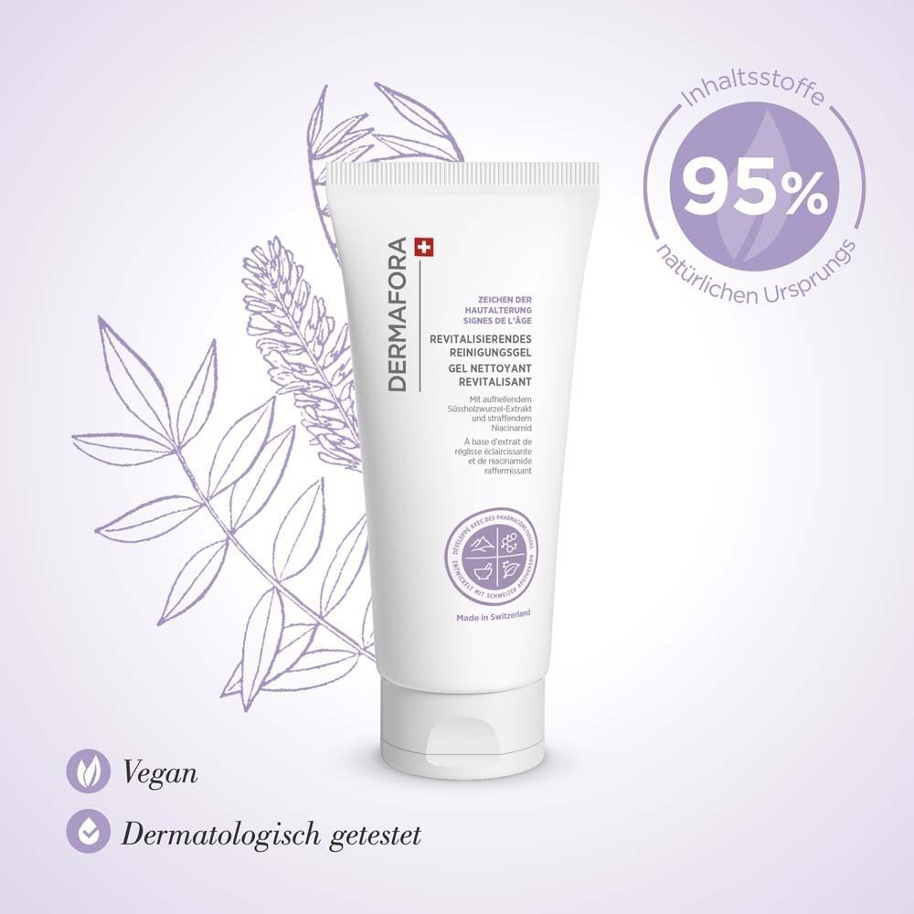 Tube Reinigungsgel. Weiß, mit lila Akzenten und Produktinformationen. Marke: DERMFORA. Vegan und dermatologisch getestet.