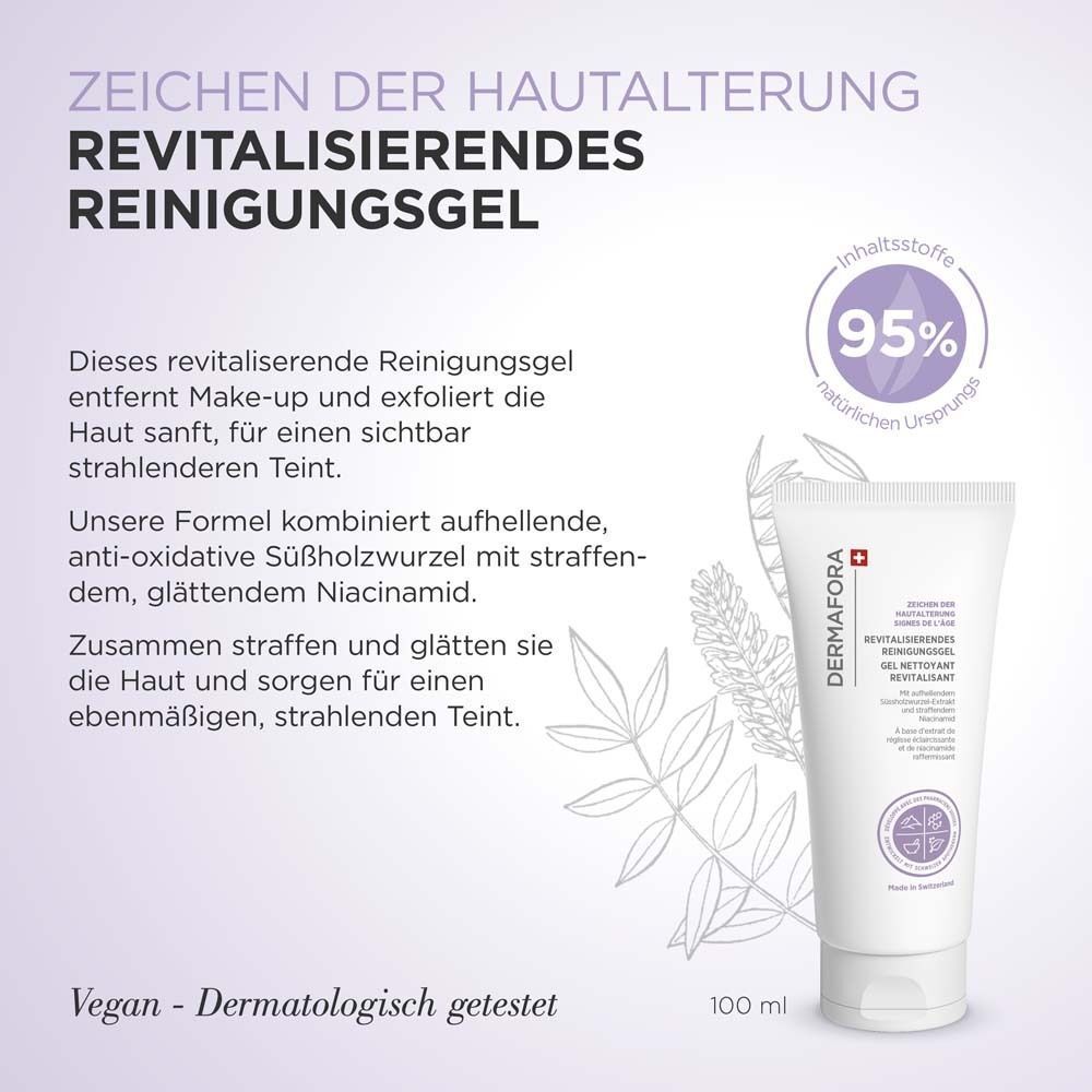 Tube Reinigungsgel. Text: Revitalisierendes Reinigungsgel. 95% natürlichen Ursprungs. Vegan und dermatologisch getestet. 100 ml.