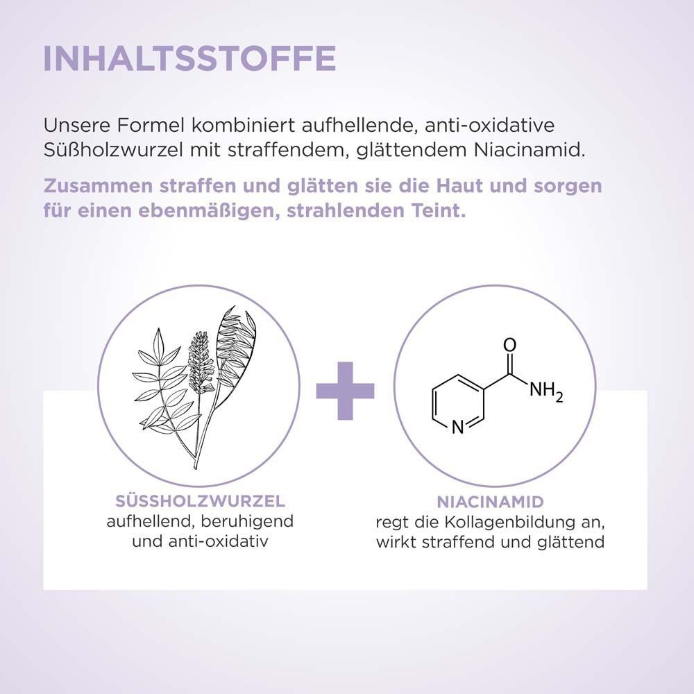 Grafik mit Inhaltsstoffen. Süßholzwurzel und Niacinamid. Text: Süßholzwurzel, Niacinamid. Regt die Kollagenbildung an.