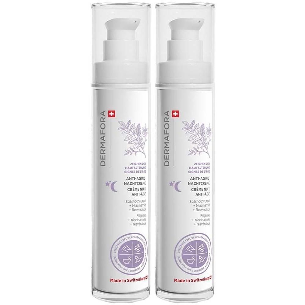 Zwei Flaschen DERMFORA Nachtcreme. Weiße Flaschen mit Pumpverschluss, lila Logo und Text. Schweizer Kreuz.