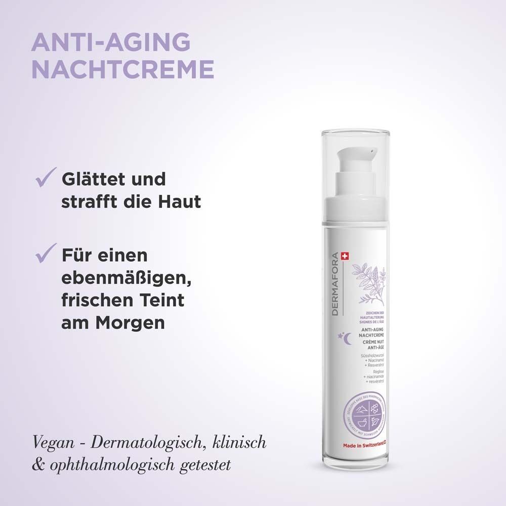 DERMFORA Anti-Aging Nachtcreme. Weiße Flasche mit Pumpverschluss, lila Logo und Text. Vegan und dermatologisch getestet.
