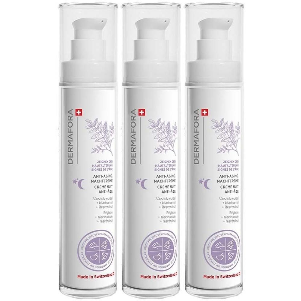 Drei weiße Pumpflaschen DERMFORA Anti-Aging Nachtcreme mit klaren Kappen.