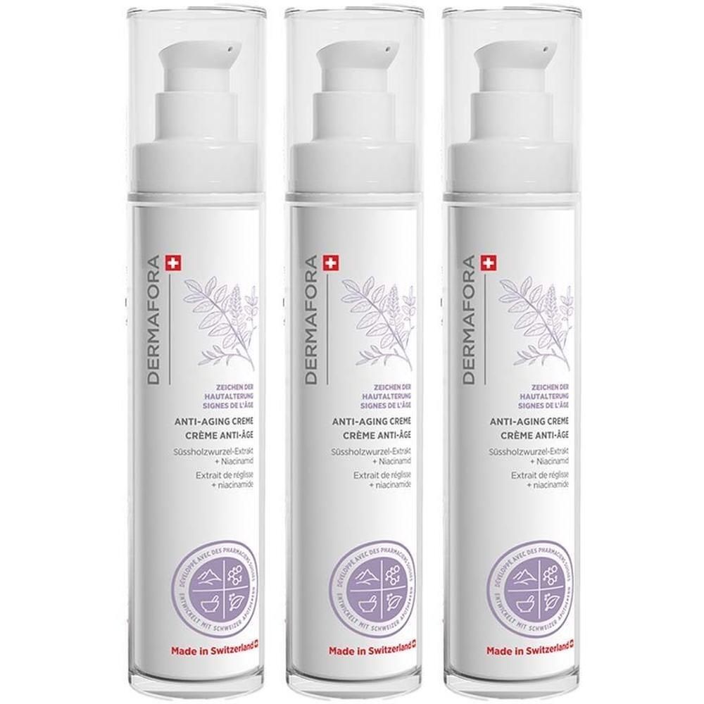 Drei Flaschen DERMFORA Anti-Aging Creme mit Pumpspendern, weiße Flaschen mit lila Etikett.