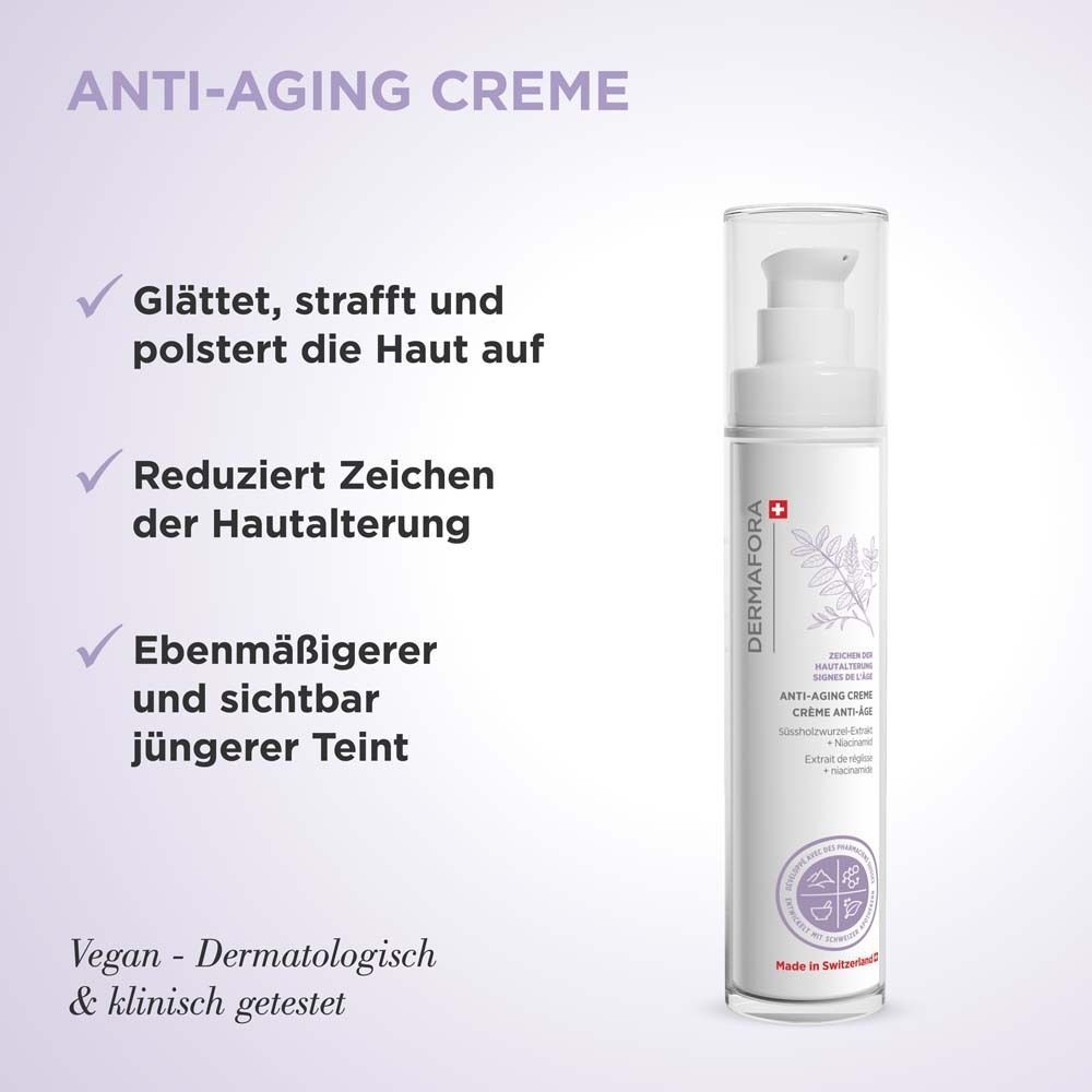 DERMFORA Anti-Aging Creme: glättet, strafft, polstert auf. Reduziert Zeichen der Hautalterung. Vegan.
