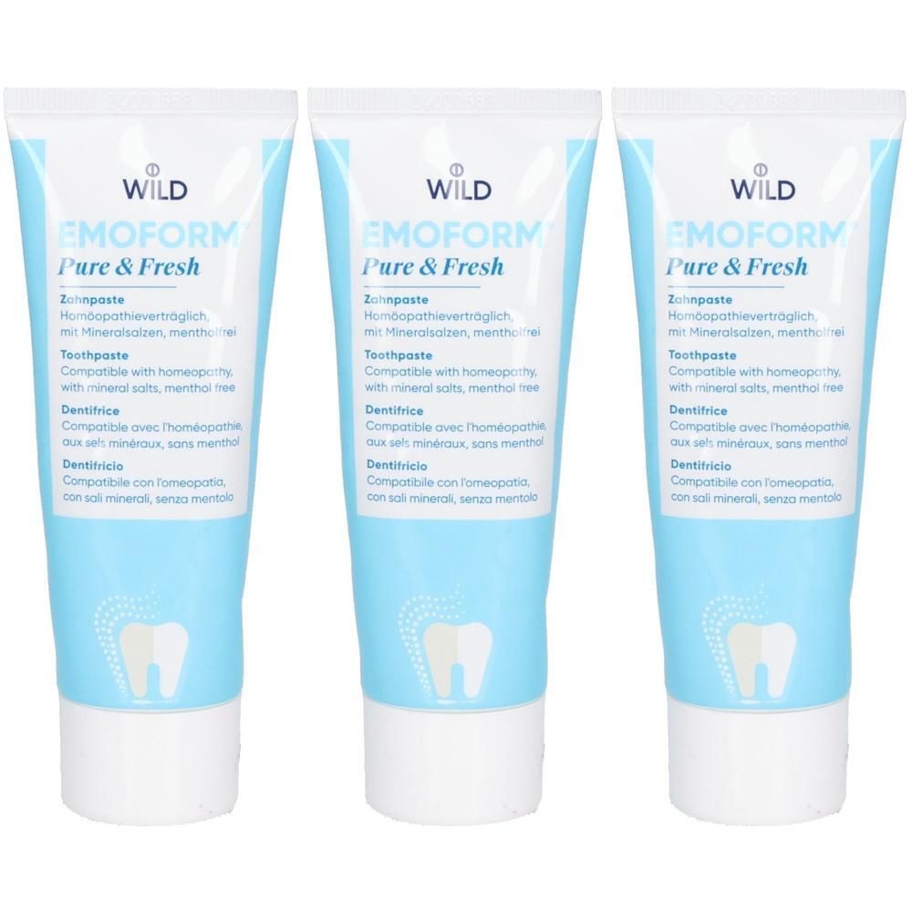 Drei Tuben EMOFORM Pure & Fresh Zahnpasta mit Wild-Logo und Zahnabbildung.