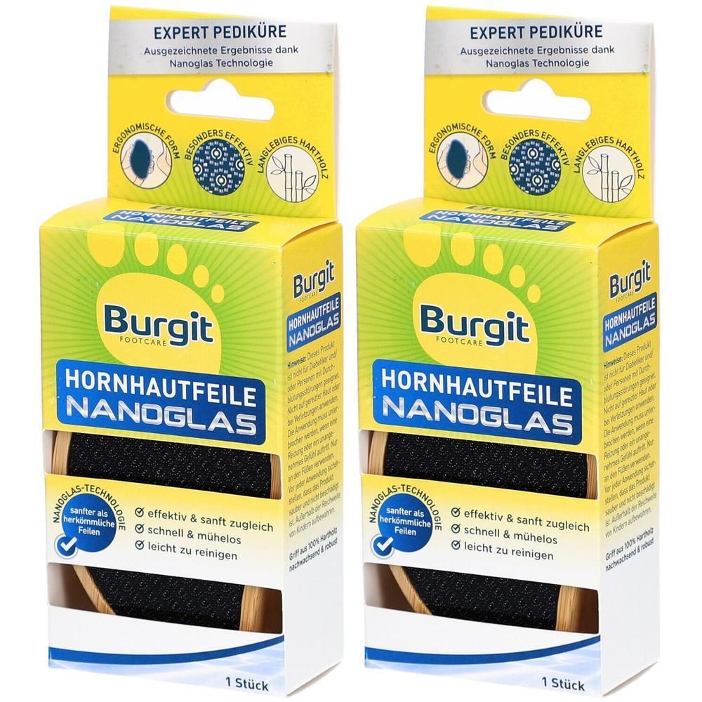 Zwei Burgit Hornhautfeilen Nanoglas im Einzelpack. Mit ergonomischer Form und Nanoglas-Technologie.