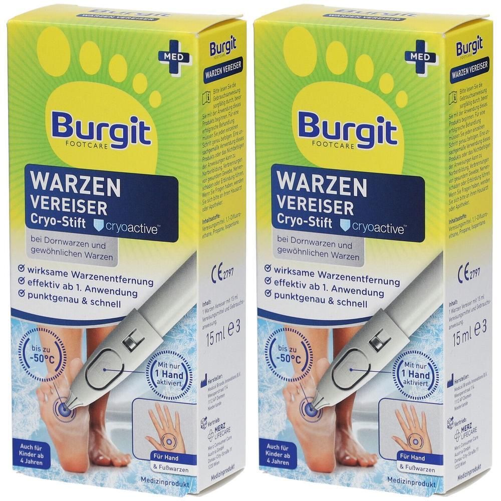 Zwei Packungen Burgit Warzen Vereiser Cryo-Stift mit Applikator zur punktgenauen Behandlung von Warzen.