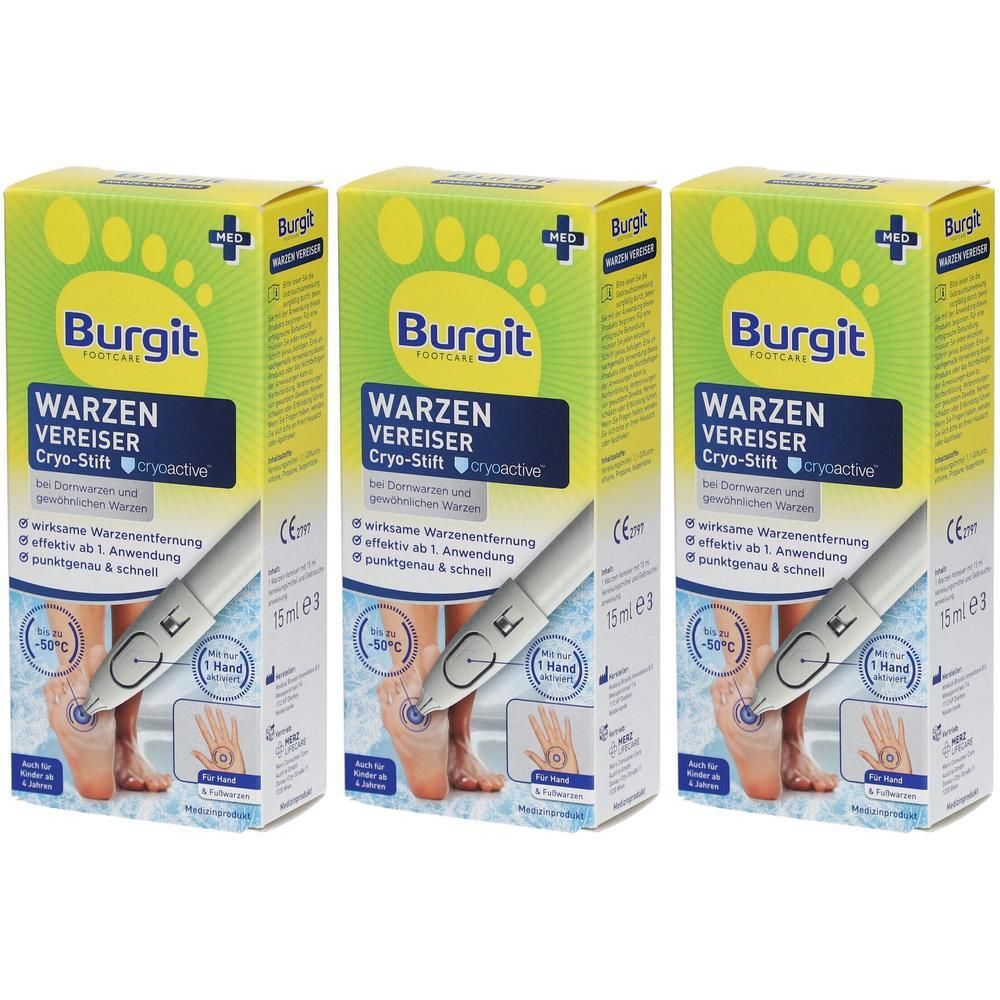 Drei Burgit Warzen Vereiser Cryo-Stifte mit Applikatoren. Kartonverpackung mit Fuß- und Handabbildungen.
