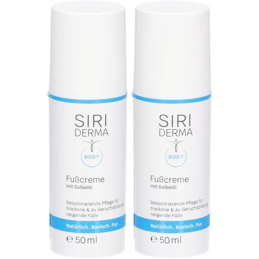 Zwei weiße Flaschen SIRI DERMA Fußcreme mit Salbeiöl, je 50ml.