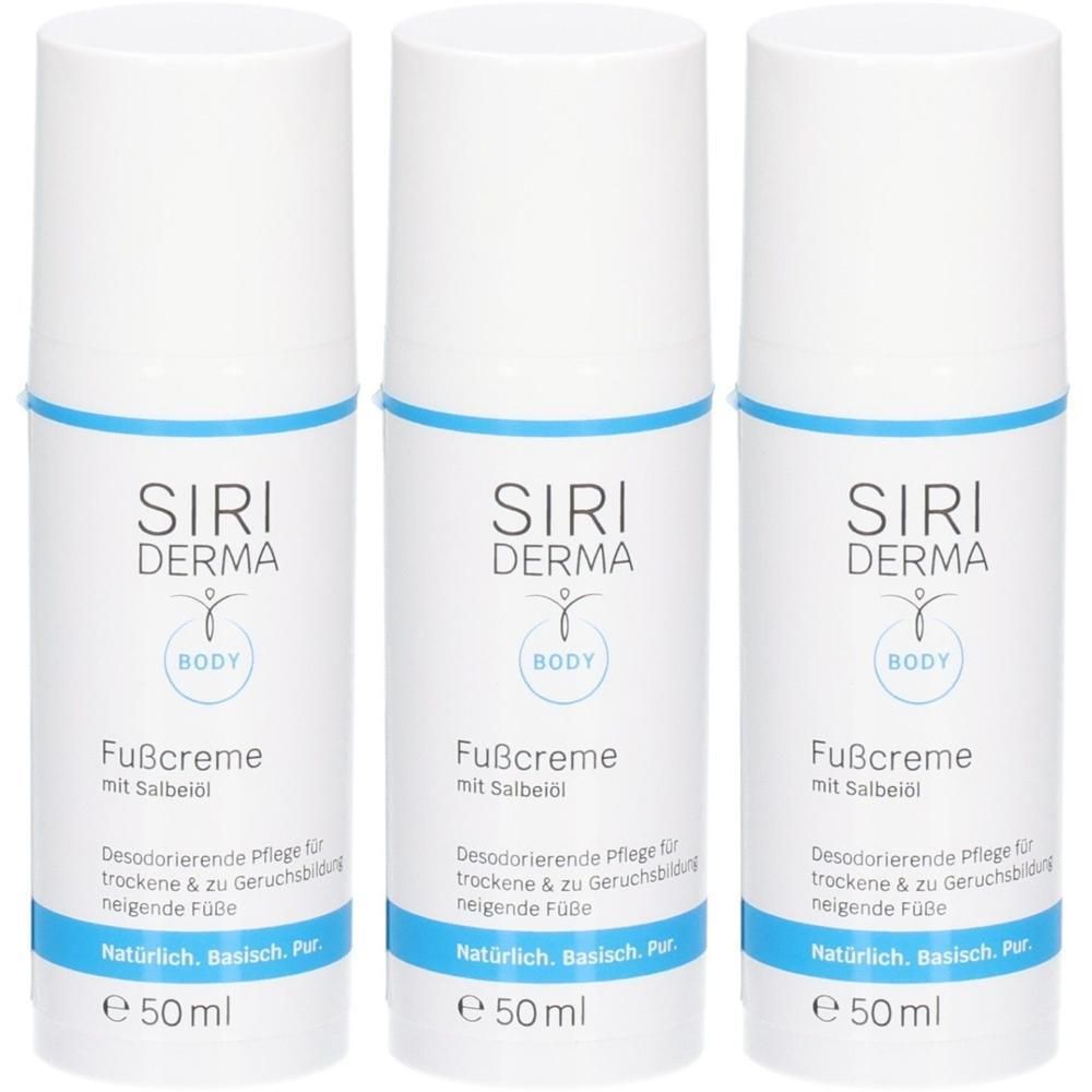 Drei weiße Flaschen SIRI DERMA Fußcreme mit Salbeiöl, je 50ml.