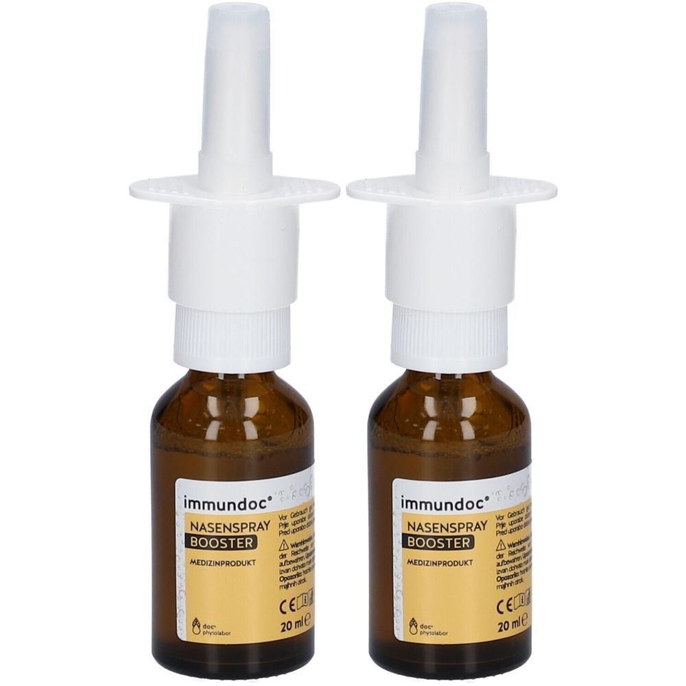 Zwei immundoc® NASENSPRAY BOOSTER in braunen Glasflaschen mit weißen Sprühköpfen.