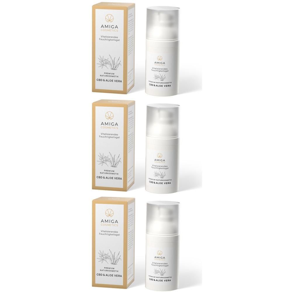 Drei weiße Pumpspender mit Kartonverpackung, beschriftet mit AMIGA COSMETICS CBD & Aloe Vera.