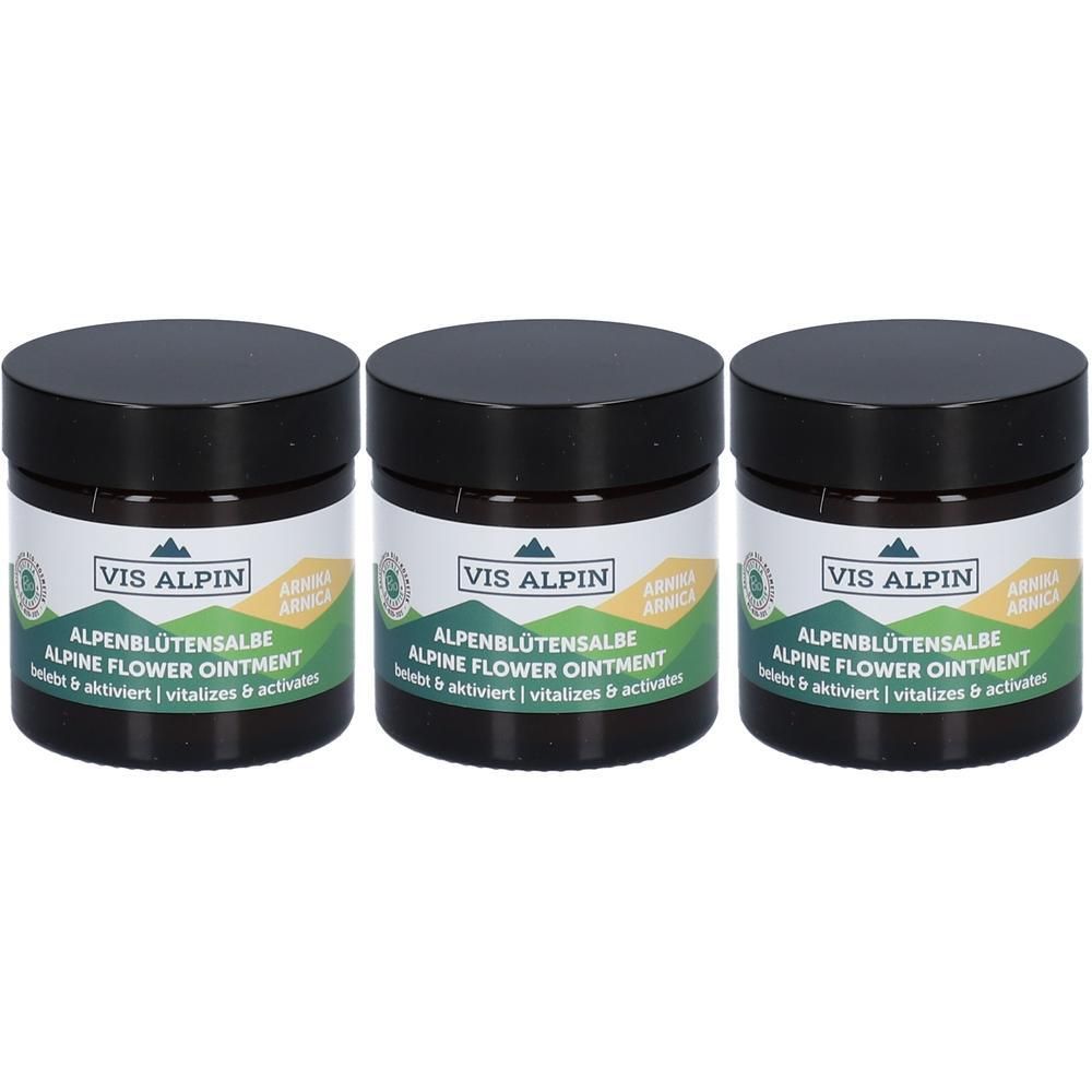 Drei Tiegel VIS ALPIN Alpenblütensalbe Arnika. Schwarze Deckel, braune Gläser, grüne Etiketten mit weißer Schrift. Produktname und Inhaltsstoffe.