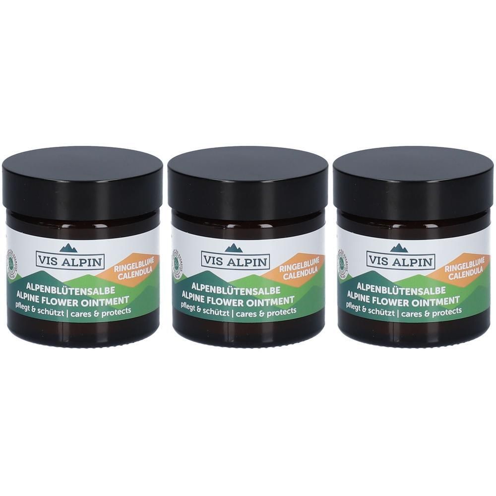 Drei Tiegel VIS ALPIN Alpenblütensalbe. Braune Gläser mit schwarzen Deckeln. Aufschrift: Alpine Flower Ointment.