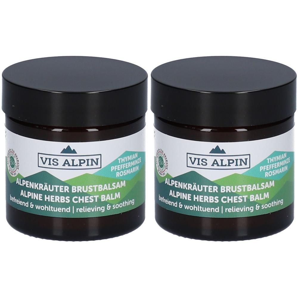 Zwei braune Tiegel mit schwarzem Deckel. Auf den Etiketten steht "VIS ALPIN Alpenkräuter Brustbalsam".