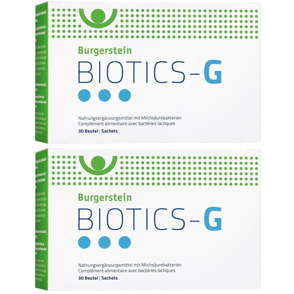 Zwei weiße Schachteln mit „Burgerstein BIOTICS-G“-Logo und Text. 30 Beutel. Nahrungsergänzungsmittel mit Milchsäurebakterien.