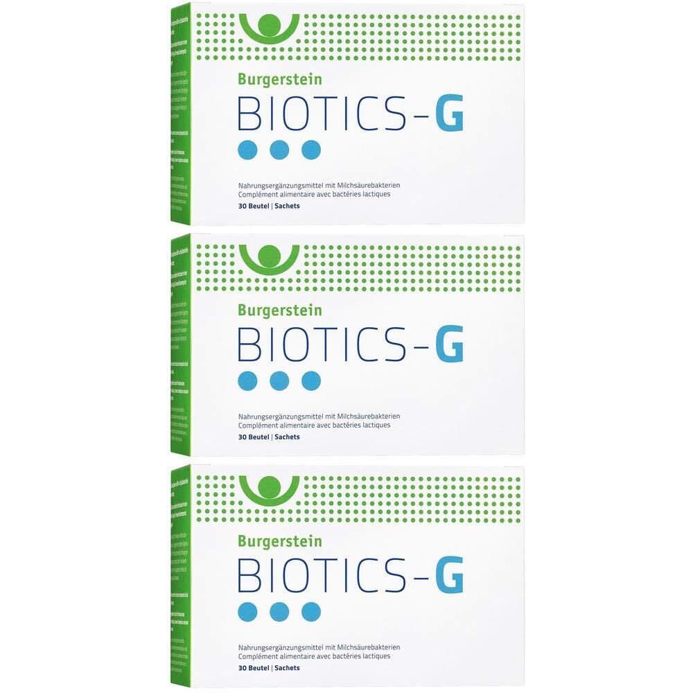 Drei weiße Schachteln mit grünem und blauem Design. Aufschrift: Burgerstein BIOTICS-G. Nahrungsergänzungsmittel mit Milchsäurebakterien.