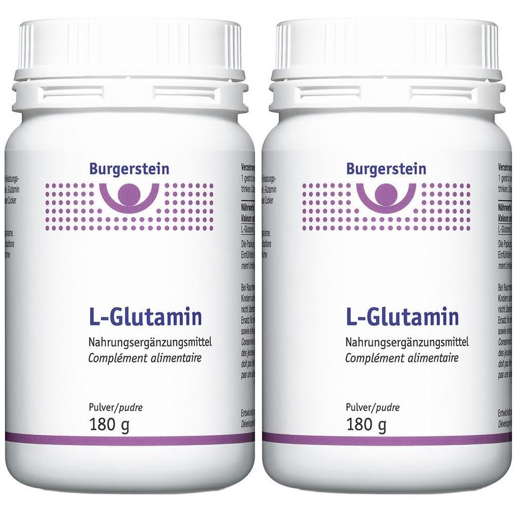 Zwei weiße Flaschen mit Burgerstein L-Glutamin-Etikett. Aufschrift: L-Glutamin, Nahrungsergänzungsmittel, 180 g.