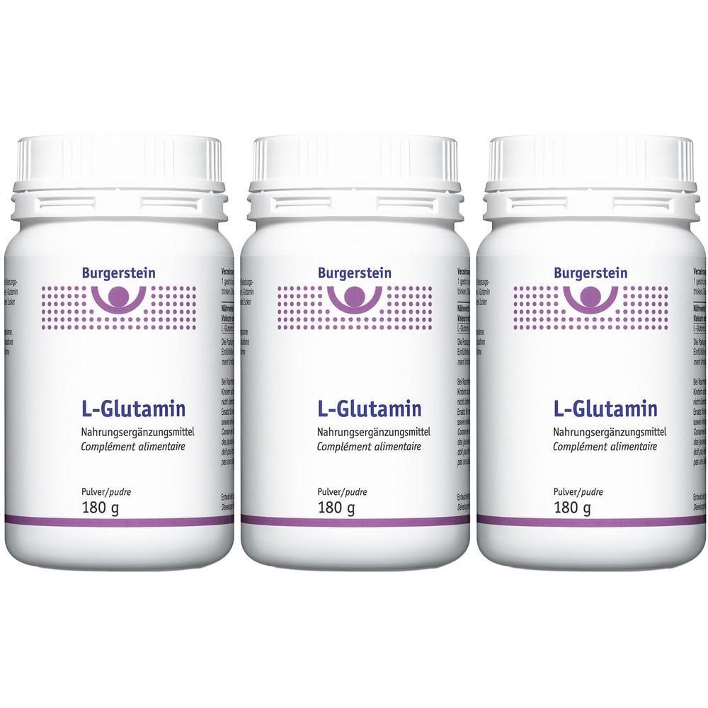 Drei weiße Dosen Burgerstein L-Glutamin. Aufschrift: L-Glutamin, Nahrungsergänzungsmittel, 180 g. Deckel und Etikett mit Logo.