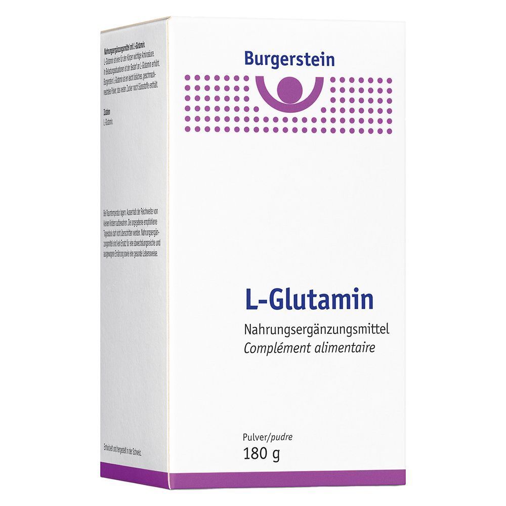 Weiße Verpackung von Burgerstein L-Glutamin. Aufschrift: L-Glutamin, Nahrungsergänzungsmittel, 180 g. Logo und Produktinformationen.