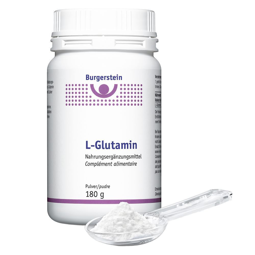 Weiße Dose Burgerstein L-Glutamin mit Löffel. Aufschrift: L-Glutamin, Nahrungsergänzungsmittel, 180 g. Pulver im Löffel.