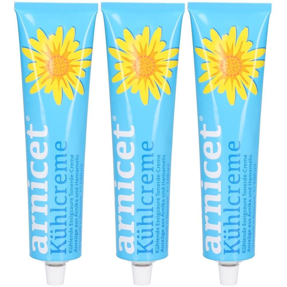 Drei Tuben arnicet® Kühlcreme. Hellblaue Tuben mit gelber Blüte. Text: arnicet®, Kühlcreme, Kühlende Essigsaure Tonerde-Creme, Auszüge aus Arnika und Hamamelis.