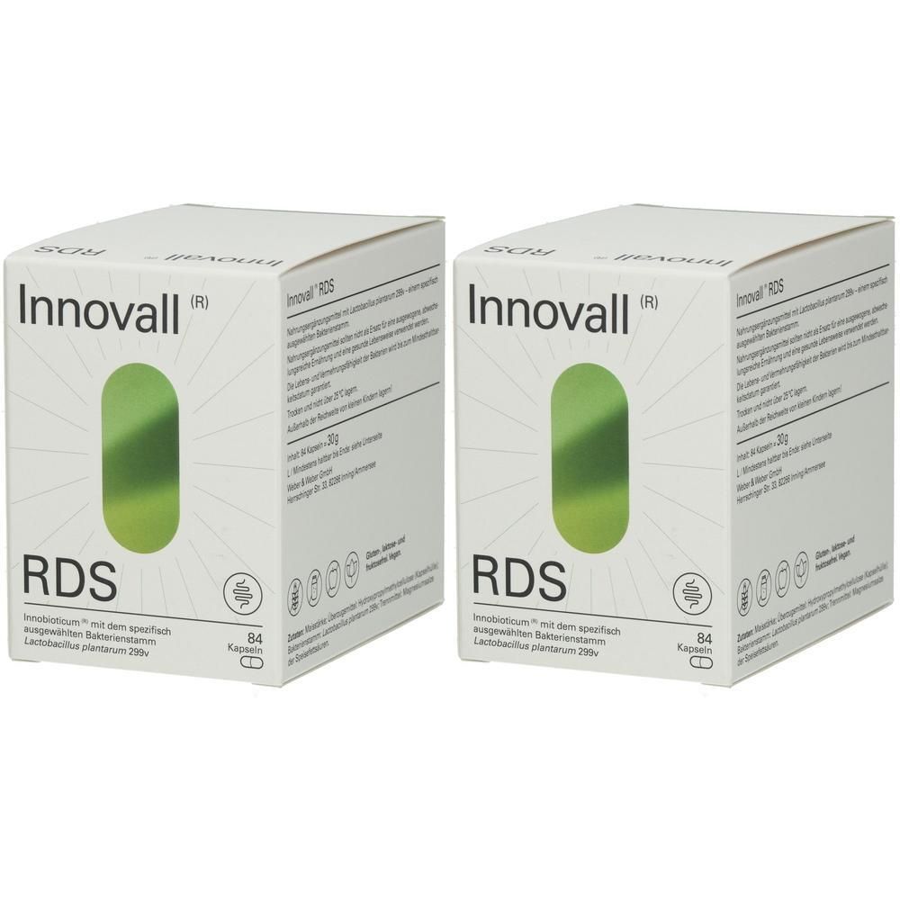 Zwei weiße Kartons mit grünen ovalen Fenstern. Aufschrift: Innovall RDS. Text in Deutsch. 84 Kapseln.