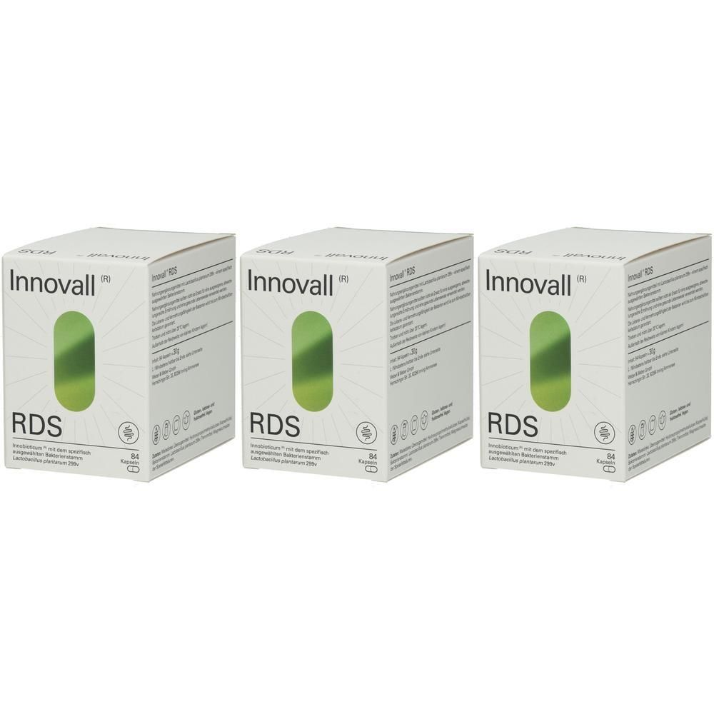 Drei weiße Kartons mit grüner ovaler Form. Aufdruck: Innovall RDS. Text und Logos.