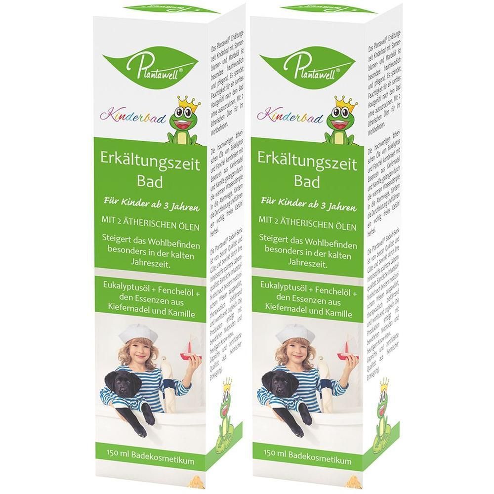 Zwei Plantawell Kinderbad-Verpackungen. Grün-weiß, mit Frosch-Illustration. Text: Erkältungszeit Bad, für Kinder ab 3 Jahren, mit ätherischen Ölen.