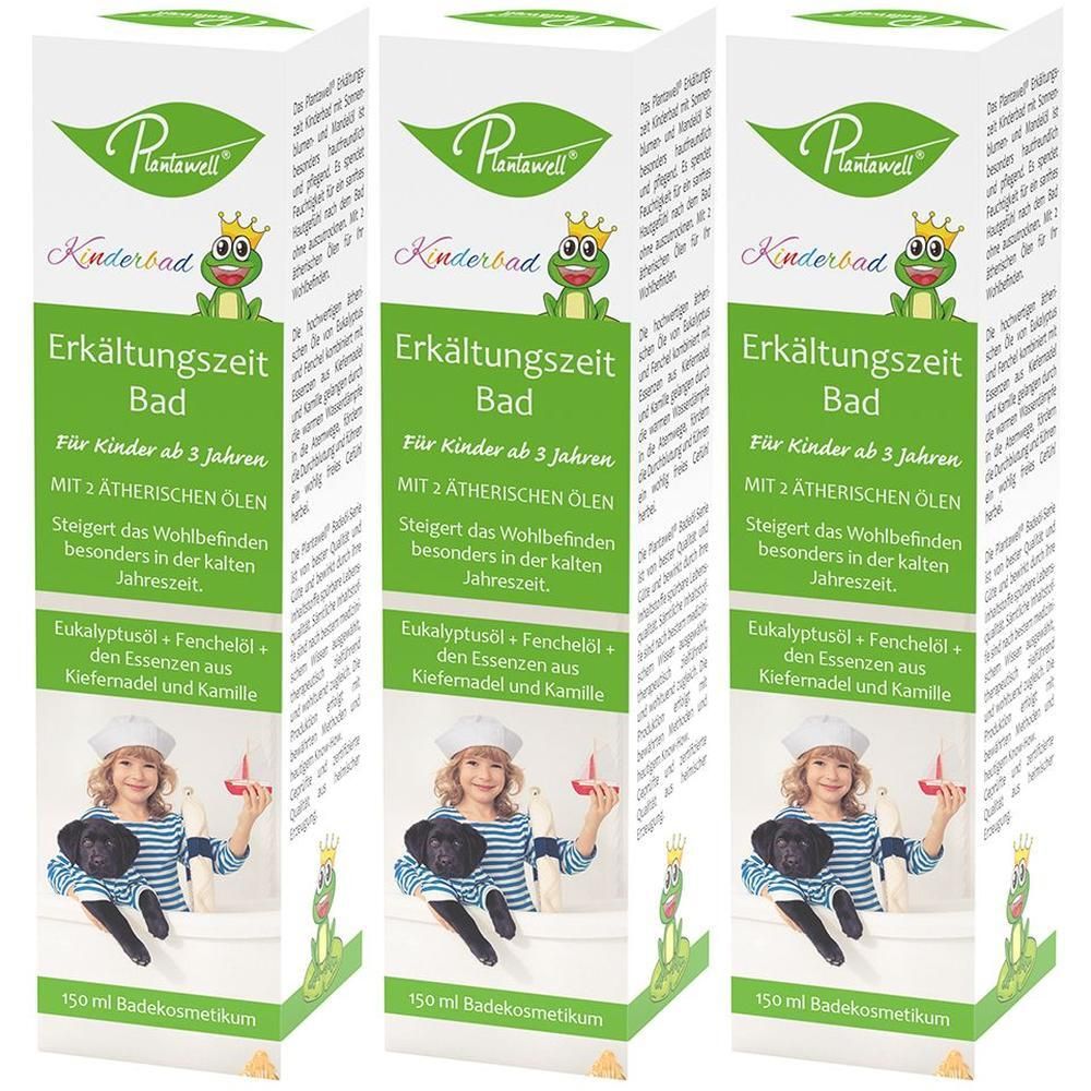 Drei Packungen Plantawell Erkältungszeit Bad für Kinder. Auf jeder Packung: Logo, Frosch, Produktname, Text und ein Kind mit Hund.