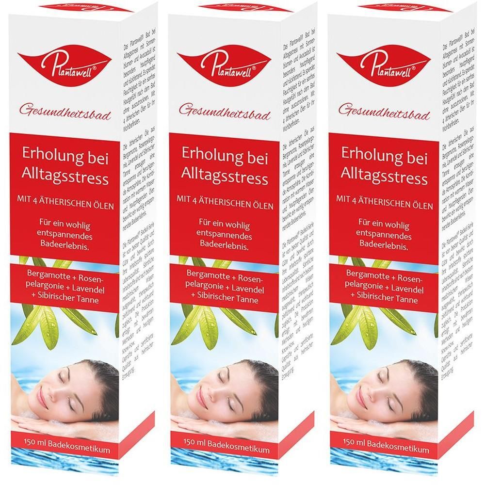 Drei identische Verpackungen von Plantawell Gesundheitsbad. Rote und weiße Kartons mit Produktinformationen und einem Bild einer Frau im Bad.