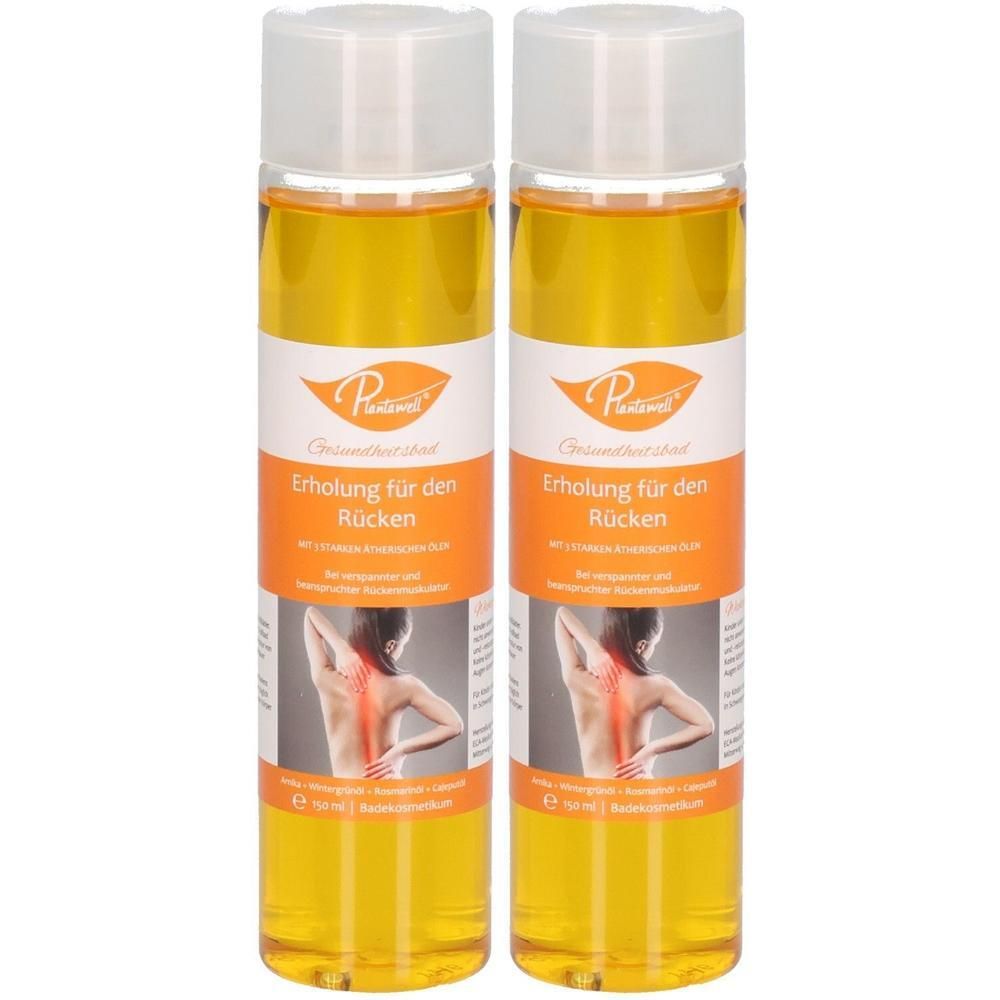 Zwei Flaschen Plantawell® Erholung für den Rücken Öl. Klare gelbe Flüssigkeit mit orangefarbenem Etikett.