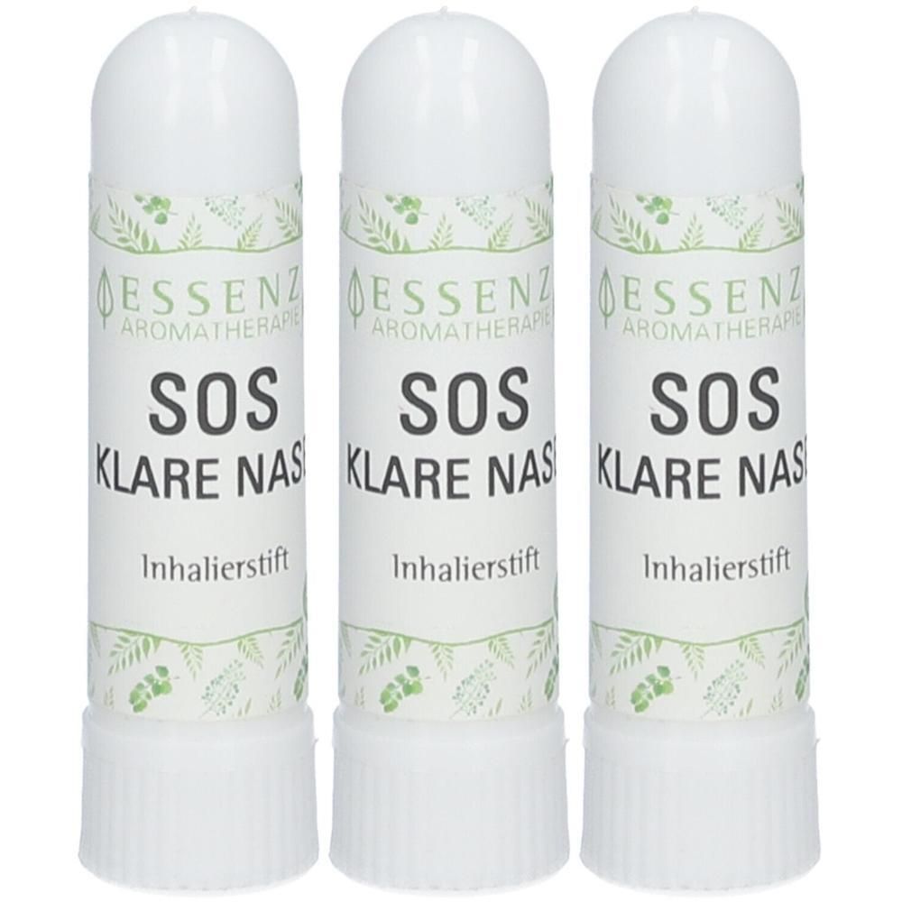 Drei weiße Inhalierstifte mit der Aufschrift 'ESSENZ AROMATHERAPIE SOS KLARE NAS Inhalierstift'.