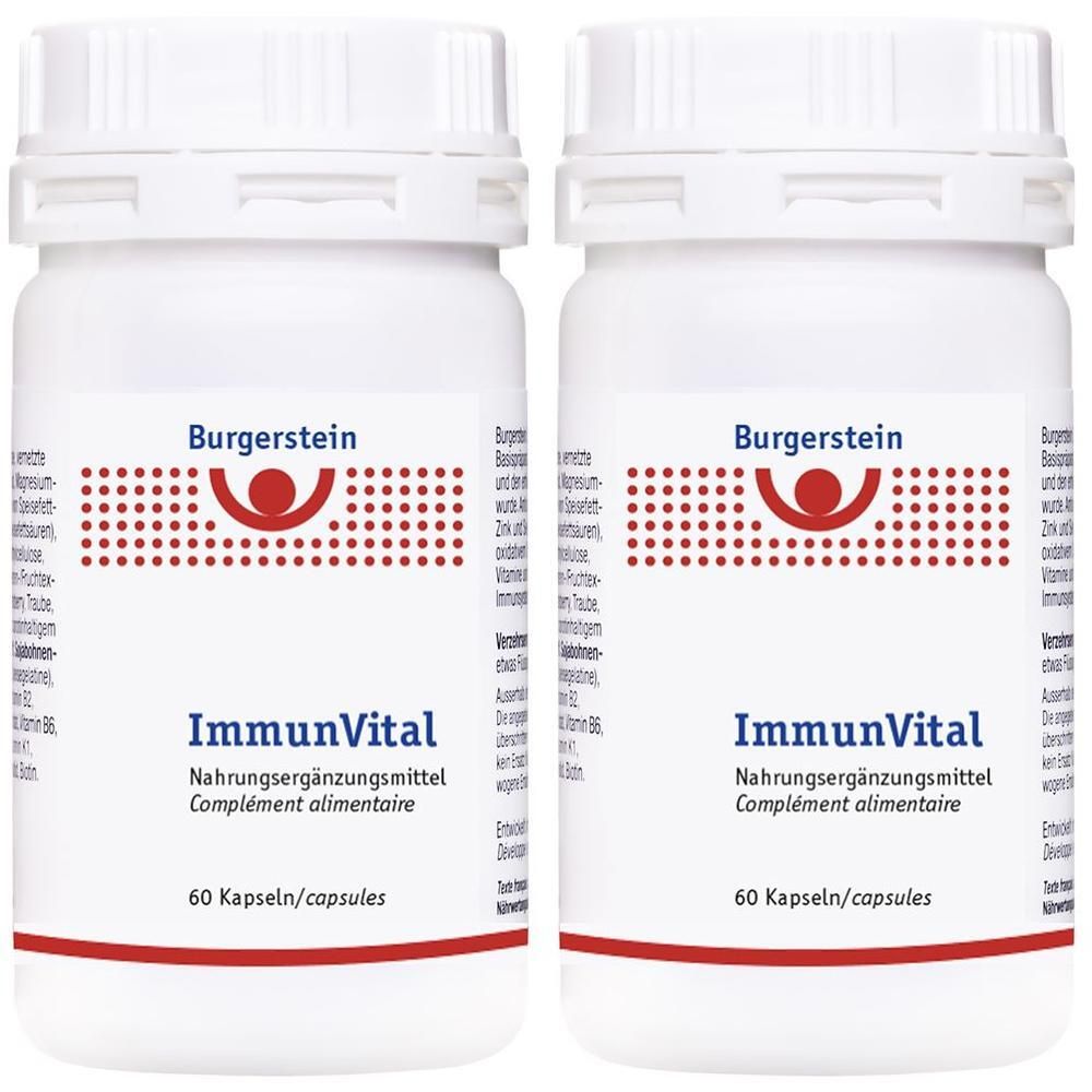 Zwei weiße Flaschen mit Schraubverschluss. Aufschrift: Burgerstein, ImmunVital, Nahrungsergänzungsmittel, 60 Kapseln. Roter Streifen am Boden.