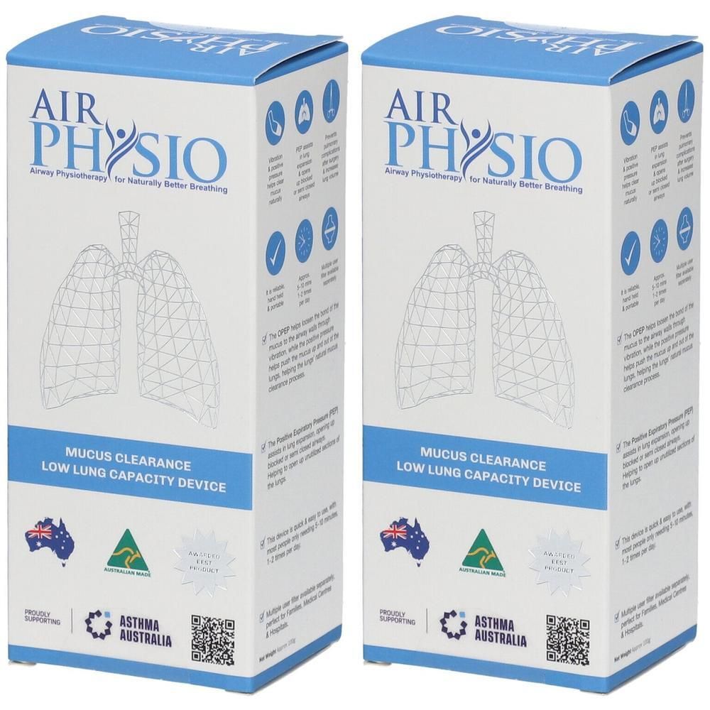 Zwei AIRPHYSIO Geräte-Verpackungen für Schleimablagerung bei geringer Lungenkapazität.