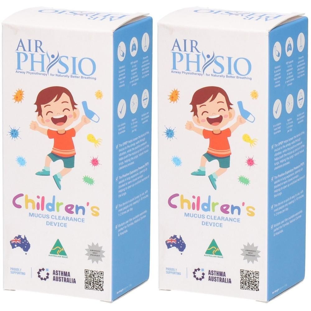 Zwei rechteckige Produktverpackungen. Aufschrift: AIR PHYSIO, Children's Mucus Clearance Device. Logo: Asthma Australia.